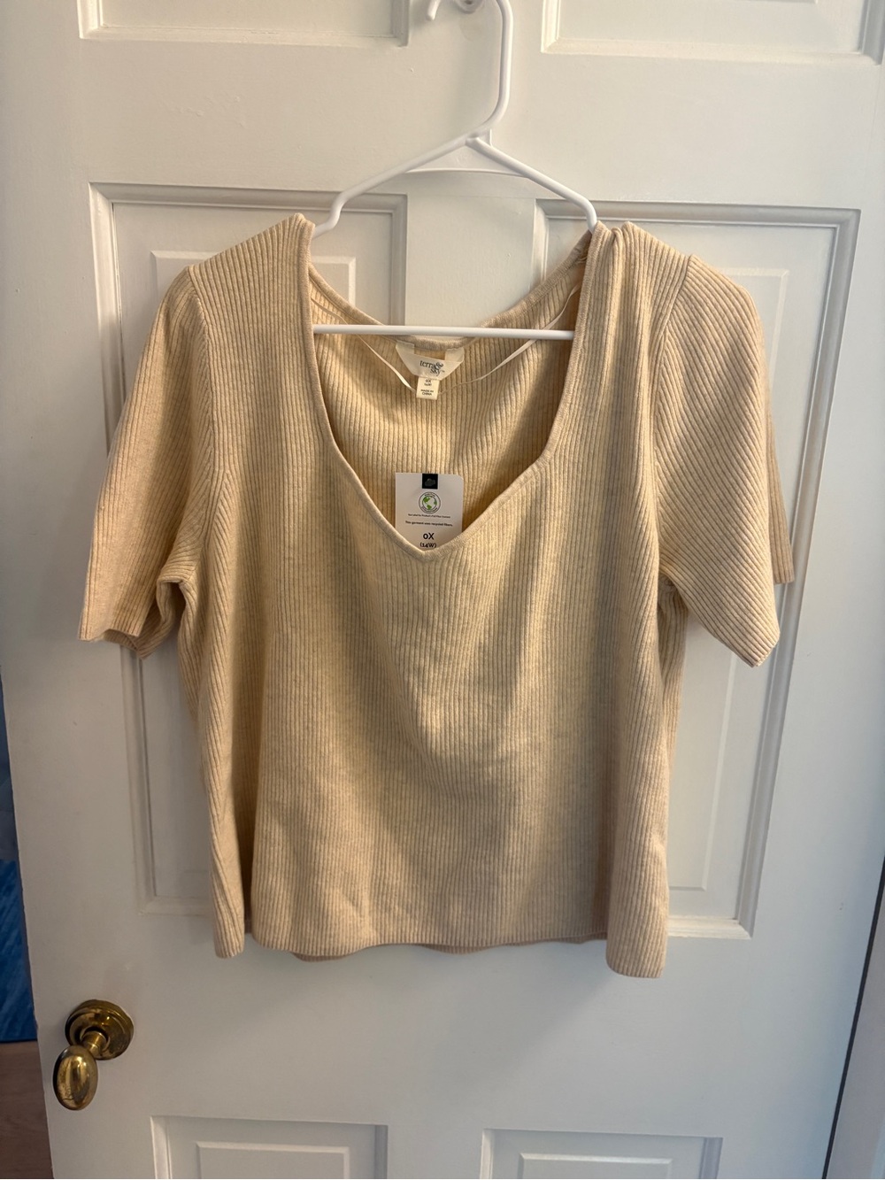 Terra & Sky Ribbed V-Neck Short Sleeve Top - Cream